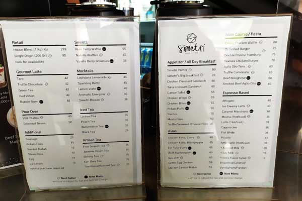 harga menu Simetri Coffee Roaster